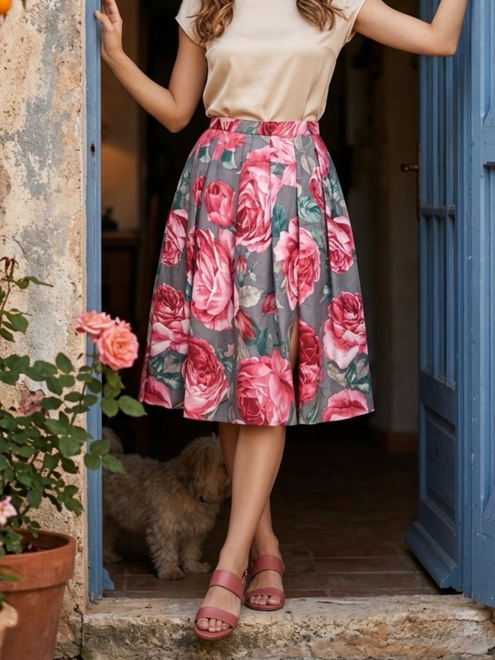 100% Silk Floral A-Line Midi Skirt Pink Rose